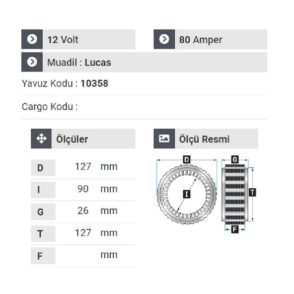 NURSAN 153312 Alternatör Statör Tümosan Traktör 12V 80 Amper - Resim 2