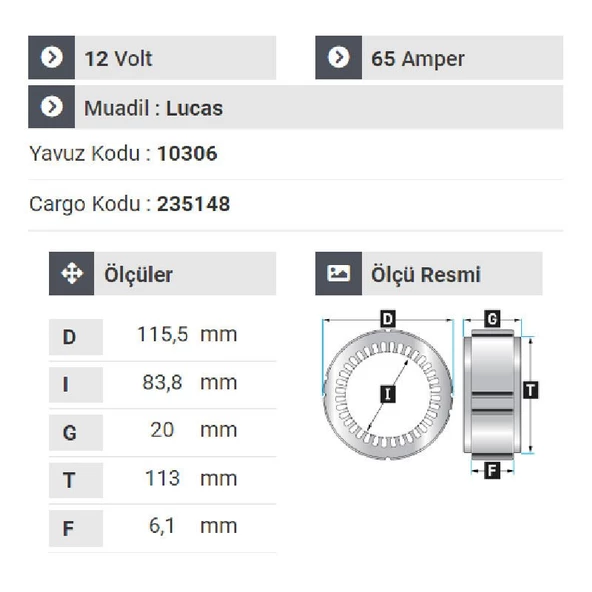 NURSAN 190112 Statör 12V 35A Lucas Tip Acr - 15 -16 - Resim 2