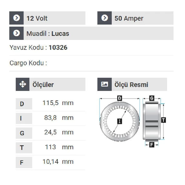 NURSAN 190312 Statör 12V 50A Lucas Tip Mesa Tipi A - 115 - 2