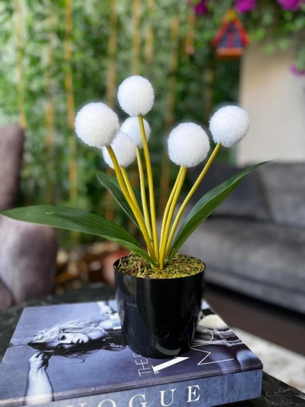 Nettenevime Yapay Çiçek Beyaz Pompon Siyah Saksıda Dekoratif Yapay Çiçek 30*20cm - Resim 7