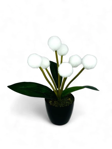 Nettenevime Yapay Çiçek Beyaz Pompon Siyah Saksıda Dekoratif Yapay Çiçek 30*20cm - Resim 2