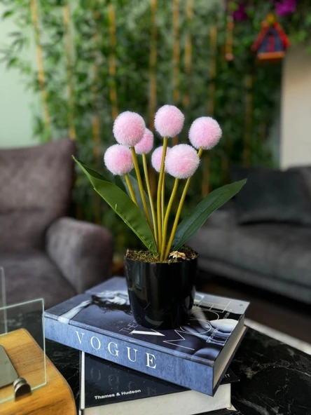 Yapay Çiçek Pembe Pompon Siyah Saksıda Dekoratif Yapay Çiçek 30*20cm - 2