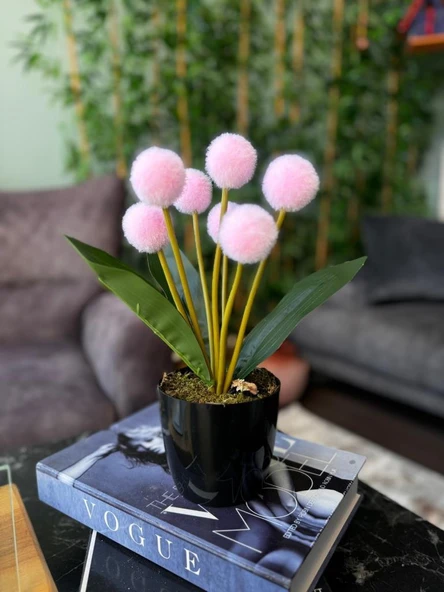 Yapay Çiçek Pembe Pompon Siyah Saksıda Dekoratif Yapay Çiçek 30*20cm - 5