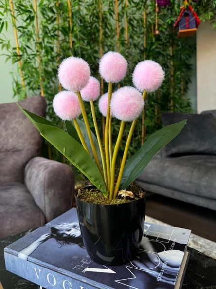 Yapay Çiçek Pembe Pompon Siyah Saksıda Dekoratif Yapay Çiçek 30*20cm - 4