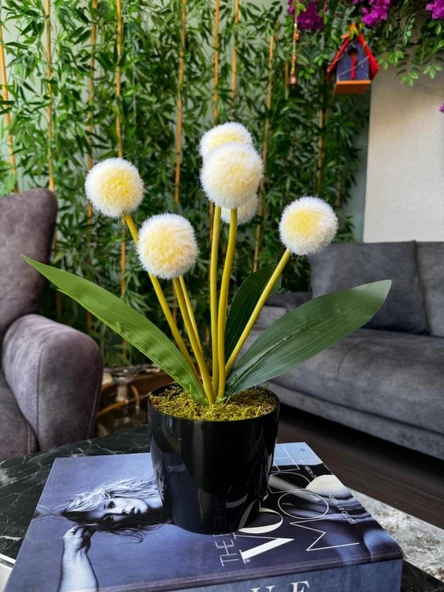 Nettenevime Yapay Çiçek Sarı Pompon Siyah Saksıda Dekoratif Yapay Çiçek 30*20cm - 3