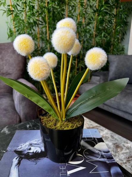 Nettenevime Yapay Çiçek Sarı Pompon Siyah Saksıda Dekoratif Yapay Çiçek 30*20cm