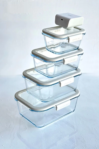 Fika Glace Vakumlu Cam Saklama Kabı Bej 5 Parça Set