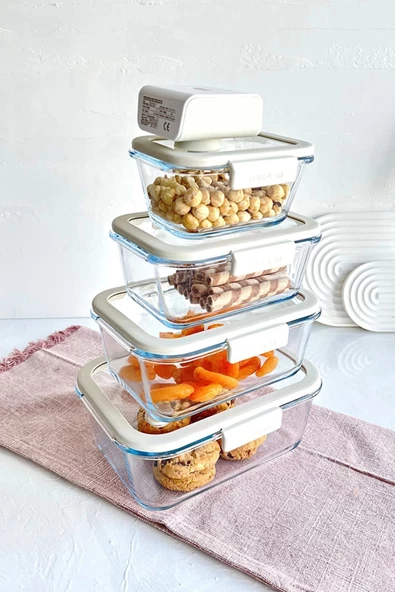Fika Glace Vakumlu Cam Saklama Kabı Bej 5 Parça Set - 4