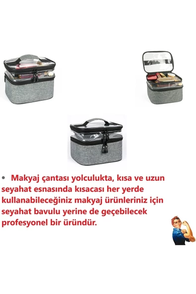 Makyaj Çantası Çift Bölmeli Şeffaf Çok Amaçlı Su Geçirmez Derin Hazneli Geniş Hacimli Profesyonel - 10