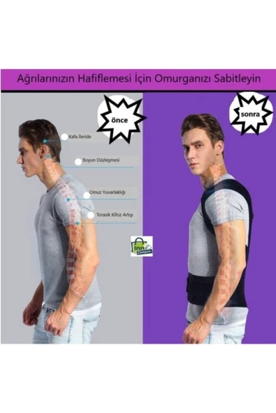 Inndream Unisex Siyah Çift Balenli Duruş Düzeltici Bel Sırt Omuz Destekleyici Korse - Resim 4