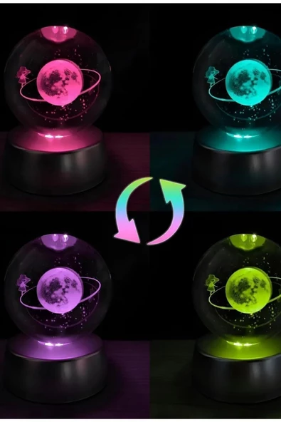 Renk Değiştiren Led Işıklı Cam Satürn Küre Hediyelik Dekoratif Eşya Özel Hediye - 6