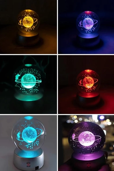 Renk Değiştiren Led Işıklı Cam Satürn Küre Hediyelik Dekoratif Eşya Özel Hediye - 2