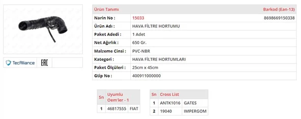 FİAT PALİO / SİENA 1.2 8V / 1.6 HAVA FİLTRE HORTUMU 46817555 NS-15033