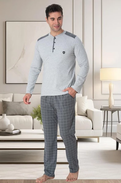 Mecit 2902 Erkek Gri Büyük Beden Uzun Kollu Pijama Takımı