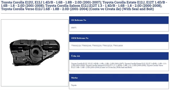 TOYOTA COROLLA BENZİN DEPOSU 7700102120 7700102140 / 071