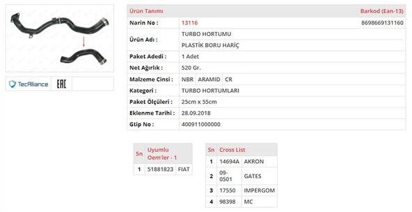 TURBO HORTUMU PLASTİK PARÇA HARİÇ FIAT EGEA 1.3 MULTIJET FIAT 500 L 1.3 MULTIJET