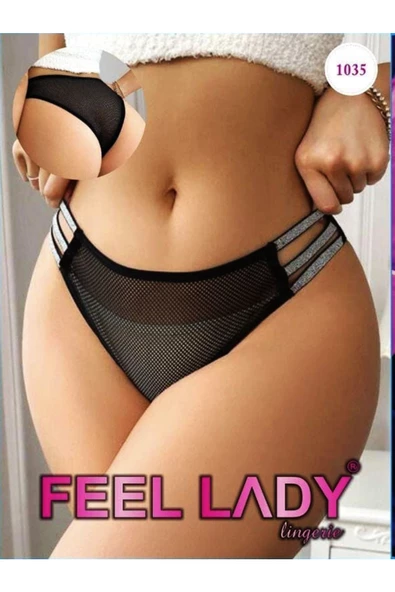 KEMSON Özel Tasarım Siyah Fileli Sim İşlemeli Üç Şerit sexy Tanga Külot - 2
