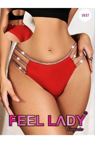 KEMSON Özel Tasarım Kırmızı Sim İşlemeli Üç Şerit sexy Tanga Külot - 2