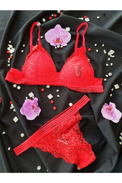 KEMSON Özel Tasarım Kırmızı VS işleme Detaylı Dantelli Desteksiz Balensiz Dantelli Takım 0110 ürün görseli 1