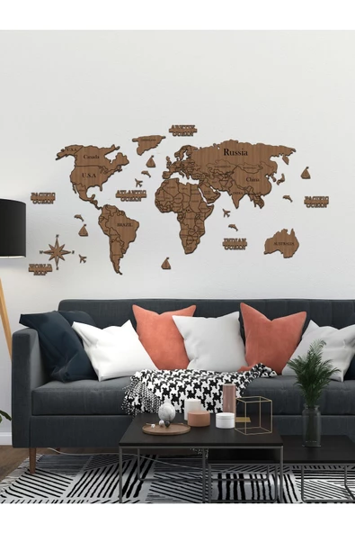 KEMSON World Map 2d Ahşap Dünya Haritası Duvar Dekoru - 2