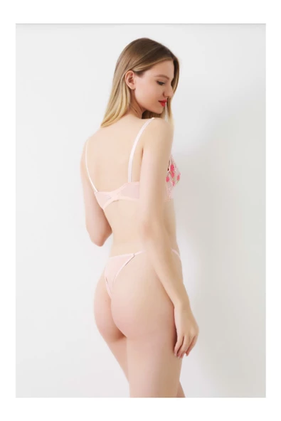 KEMSON Balenli Pembe Tüllü,Dantelli,Mavi Çiçek Desenli Bralet Takım (Sütyen&Tanga) 0027 - 4