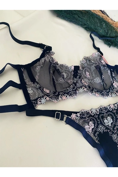 KEMSON Balenli LacivertÇiçek desenli Sırt kısmı kuşaklı Bralet Takım (Sütyen&Tanga) 0021 - 2