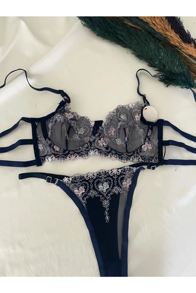 KEMSON Balenli LacivertÇiçek desenli Sırt kısmı kuşaklı Bralet Takım (Sütyen&Tanga) 0021 - 3