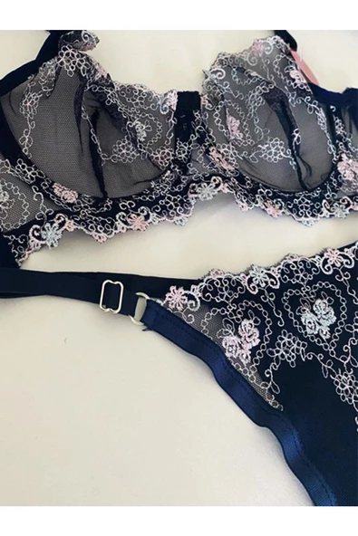 KEMSON Balenli LacivertÇiçek desenli Sırt kısmı kuşaklı Bralet Takım (Sütyen&Tanga) 0021 - 4