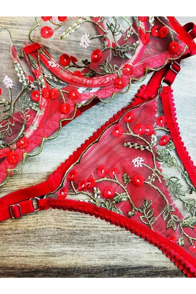 KEMSON Balenli Kırmızı Tüllü,Dantelli,Çiçek Desenli Bralet Takım (Sütyen&Tanga) 0025 - 3