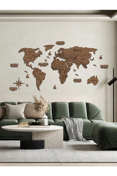 KEMSON World Map 2d Ahşap Dünya Haritası Duvar Dekoru - 5