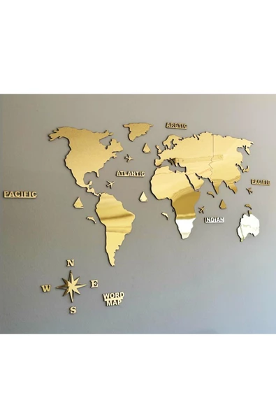 GİZEM SHOP 2d Dünya Haritası Gold Ayna Pleksi Puzzle Şeklinde Ölçü 150cmx75cm - 3