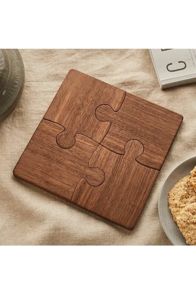 GİZEM SHOP Ahşap Desenli Puzzle Mdf Bardak Altlığı 4'lü Set 10x12 Cm - 2
