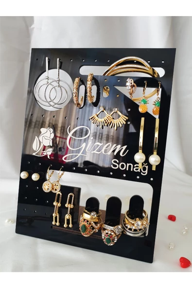 GİZEM SHOP Siyah Kişiye Özel Küpe,Yüzük,Kelepçe,Takı Organizeri Hediyelik - 2