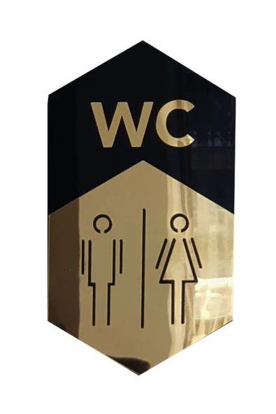 GİZEM SHOP WC Yönlendirme (İKİLİ) Tabelası Siyah Pleksi Üzeri Gold Pleksi