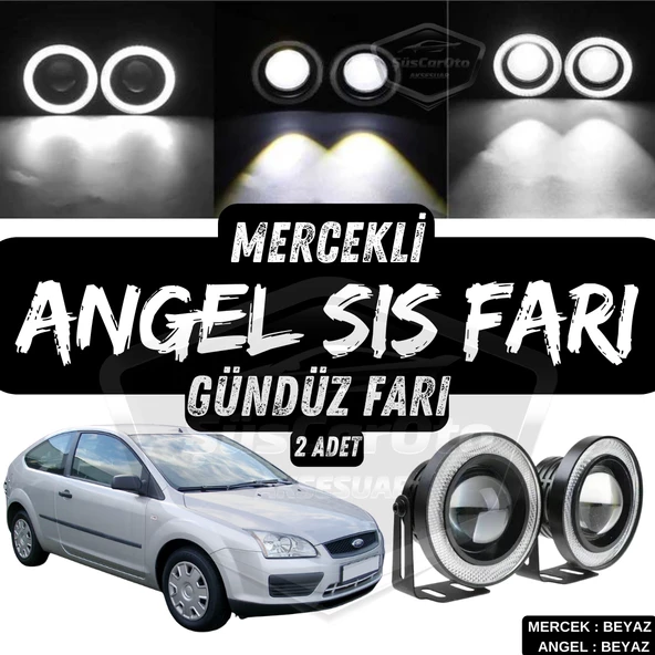 Ford Focus 2 2004-2008 Uyumlu Üniversal Mercekli Angel Sis Farı Metal Su Geçirmez 76 mm Beyaz Halkalı Gündüz Farı Angel Eyes 2 Adet