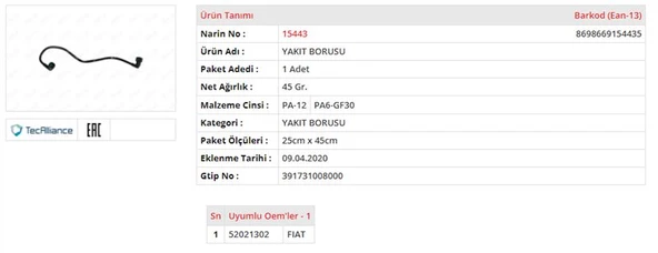 YAKIT BORUSU FIAT EGEA 1.6 MULTIJET
