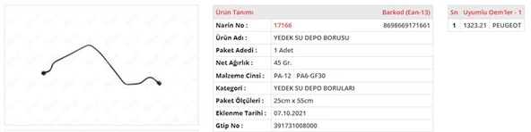 Peugeot 307 1.6 16 Valf Yedek Su Depo Hortumu 1323.21