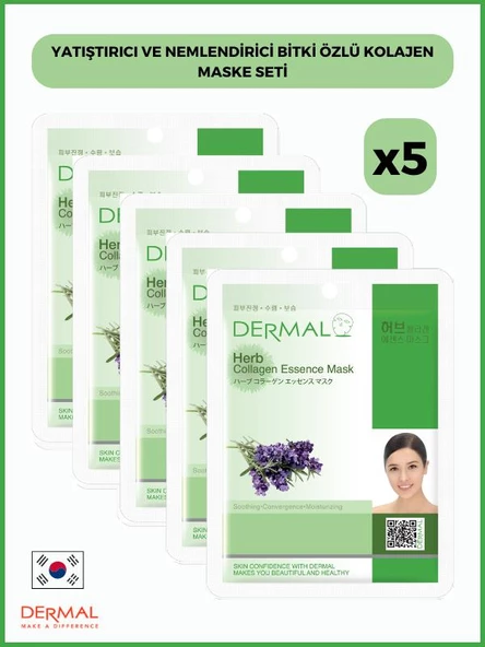 Dermal Yatıştırıcı & Nemlendirici Bitki Özlü Kolajen Maske 23gr. %100 Pamuk 5 Adet