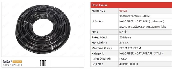KALORİFER HORTUMU 16MM X 24MM 5-8 INC 1 MT EPDM-EPDM