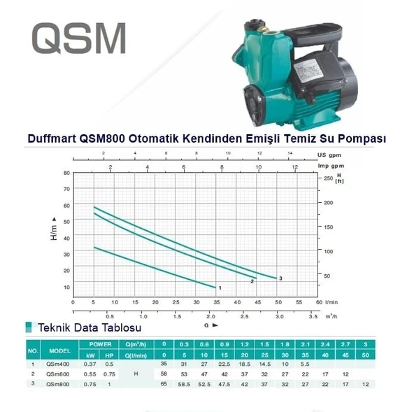 Duffmart QSM800 Kendinden Emişli Sıcak Su Pompası - Resim 2