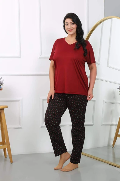 Kadın Büyük Beden  Kısa Kol Penye Pijama Takımı Bordo 202406 - 4