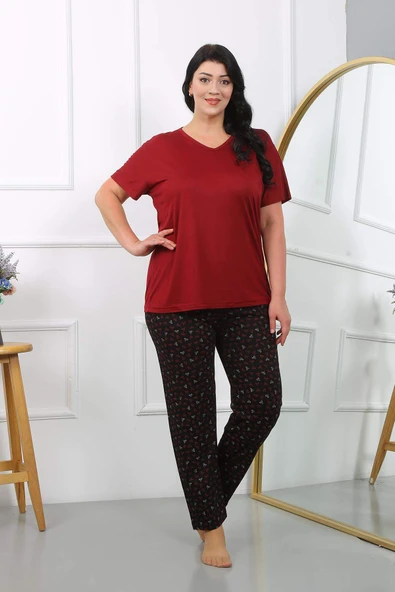 Kadın Büyük Beden  Kısa Kol Penye Pijama Takımı Bordo 202406 - 5