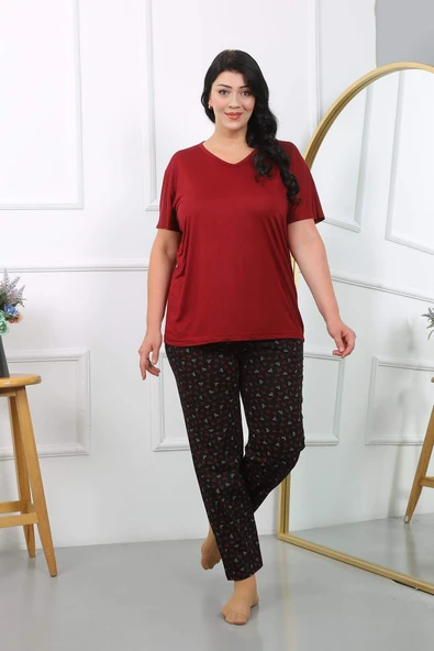 Kadın Büyük Beden  Kısa Kol Penye Pijama Takımı Bordo 202406