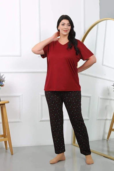 Kadın Büyük Beden  Kısa Kol Penye Pijama Takımı Bordo 202406 - 2