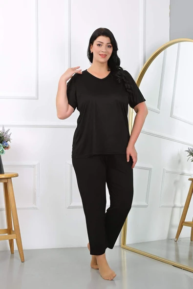 Kadın Büyük Beden  Kısa Kol Penye Pijama Takımı Siyah 202405 - 5
