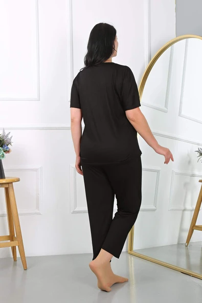 Kadın Büyük Beden  Kısa Kol Penye Pijama Takımı Siyah 202405 - 6
