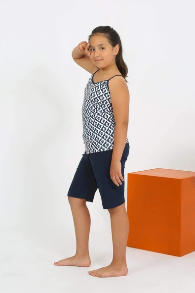 Kız Çocuk İp Askılı Şortlu Penye Lacivert Pijama Takım 20430 - 3