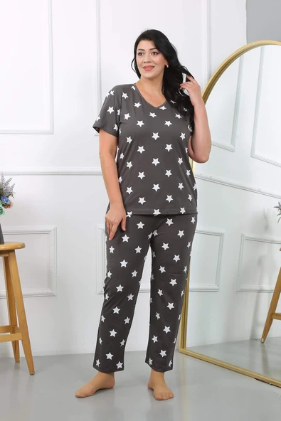 Kadın Büyük Beden  Kısa Kol Penye Pijama Takımı Füme 202407