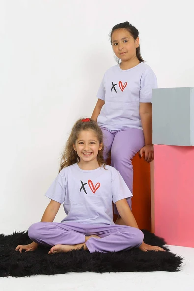 Kız Çocuk Kısa Kol Lila Penye Pijama Takım 20432 - 3