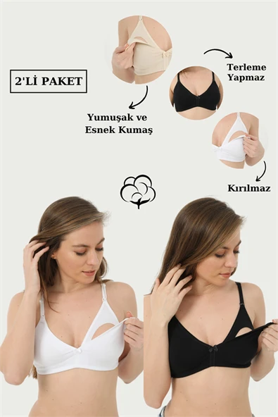 2'li Paket Beyaz - Siyah Emzirme Sütyeni Pamuklu Likralı